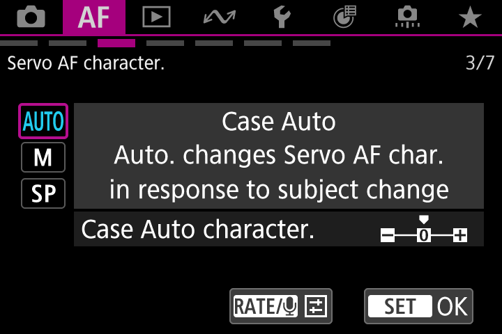 Servo AF characteristics screen