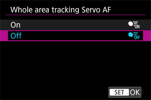 Whole area tracking Servo AF: Off